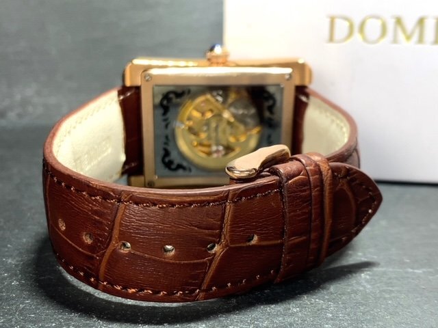 新品 正規品 ドミニク DOMINIC 自動巻き 腕時計 オートマティック スクエア スケルトン レザーベルト ブラウン ゴールド メンズ プレゼントの画像8