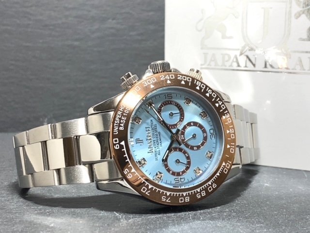 天然ダイヤモンド付き 新品 JAPAN KRAFT ジャパンクラフト 腕時計 正規品 クロノグラフ コスモグラフ 自動巻き 機械式 防水 アイスブルーの画像6