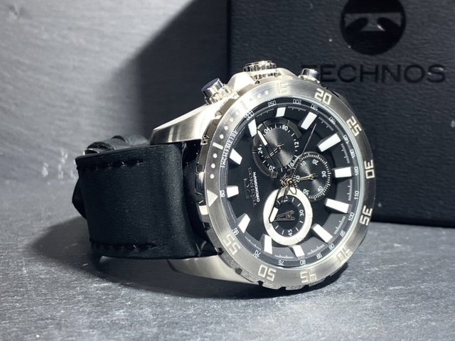 新品 TECHNOS テクノス 腕時計 正規品 アナログ腕時計 クオーツ クロノグラフ 日常生活強化防水 レザーベルト メンズ ブラック プレゼントの画像6