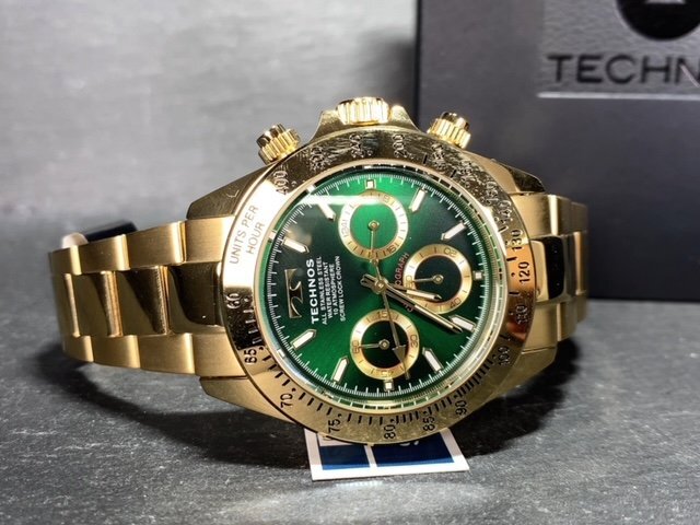 新品 テクノス TECHNOS 正規品 腕時計 アナログ腕時計 クオーツ ステンレス クロノグラフ 10気圧防水 ゴールド グリーン メンズ プレゼントの画像7