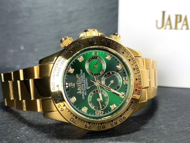 8石天然ダイヤモンド付き 新品 JAPAN KRAFT ジャパンクラフト 腕時計 正規品 クロノグラフ 自動巻き オートマティック ゴールド グリーンの画像7