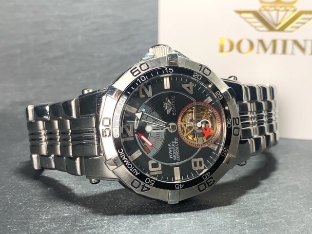 新品 正規品 ドミニク DOMINIC 自動巻き 腕時計 オートマティック カレンダー 5気圧防水 ステンレス ブラック パワーリザーブ プレゼントの画像7