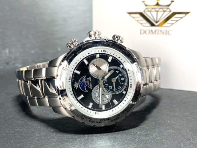 新品 正規品 ドミニク DOMINIC 自動巻き 腕時計 サン＆ムーン オートマティック カレンダー 防水 ステンレス ブラック シルバー プレゼントの画像7