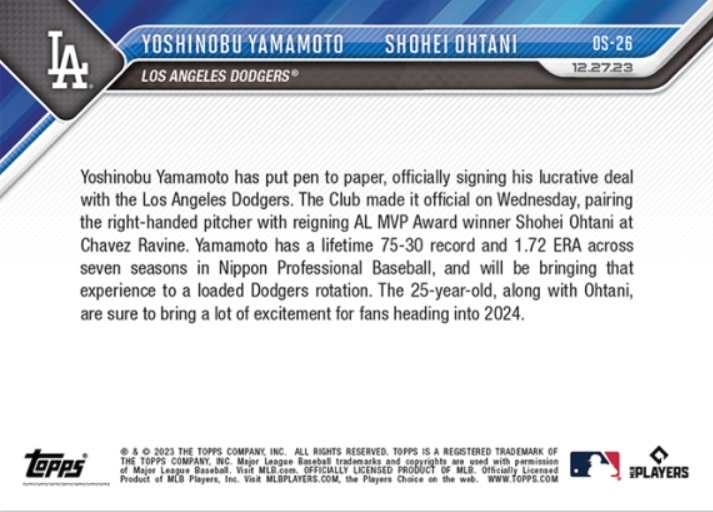 送料無料　大谷翔平 山本由伸 2023 MLB TOPPS NOW Topps JP Card OS-26 LA ドジャース入団会見 限定販売 Shohei Ohtani yamamoto yoshinobu_画像2