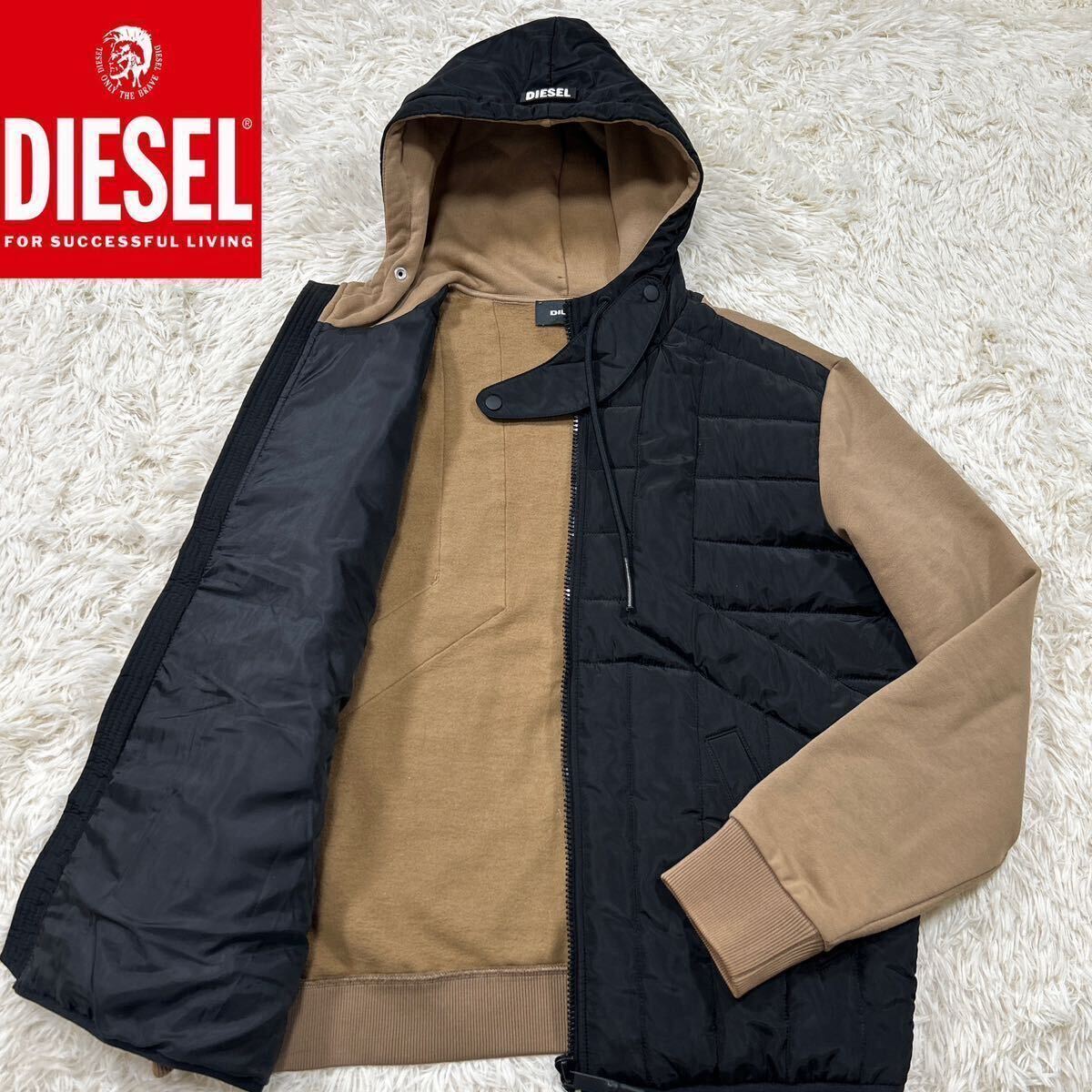 【未使用級】極美品 DIESEL ディーゼル 中綿ナイロン 袖切替 パーカー ジップ ジャケット XL相当 裏起毛 フリース風 フードロゴ 極上品