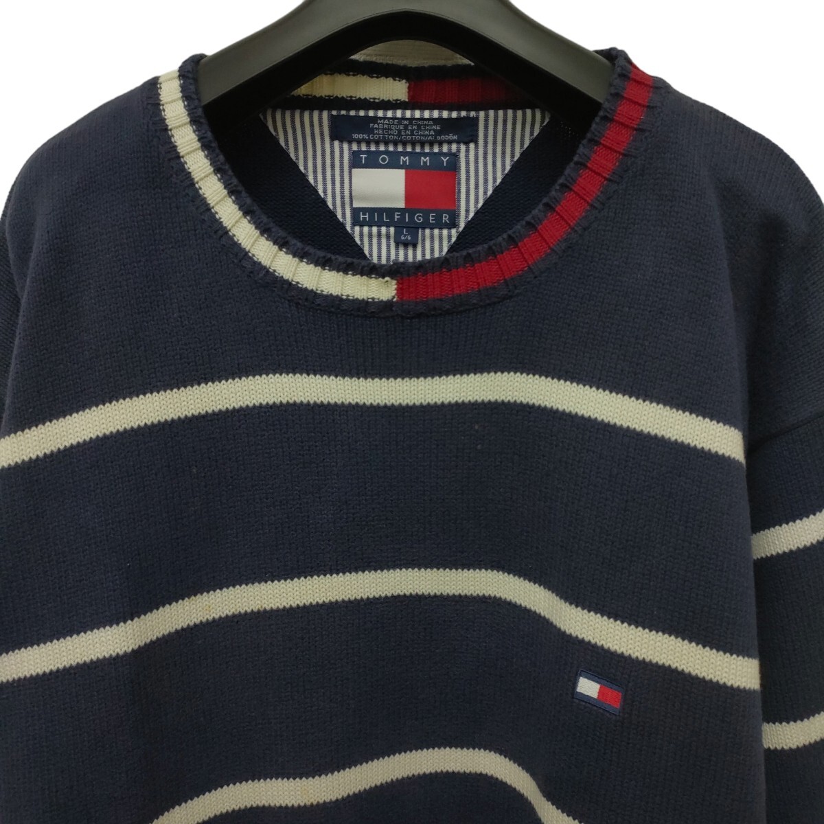 TOMMY HILFIGER /トミーヒルフィガー メンズ コットンセーター ネイビー× ホワイトボーダー Lサイズ I-3769_画像2