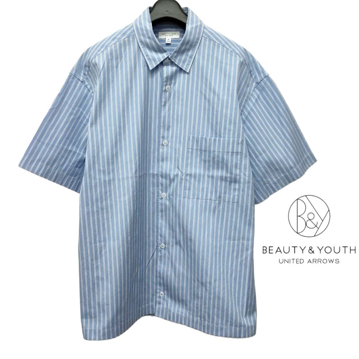 BEAUTY&YOUTH /UNITED ARROWS ビューティーアンドユース メンズ 半袖ボタンシャツ カッターシャツ 水色×白ストライプ 日本製 I-3784の画像1