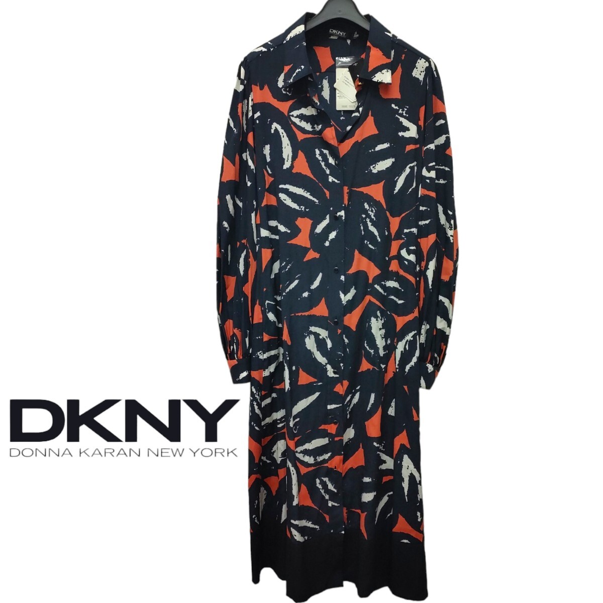 [ tag attaching, with translation ]DKNY / Donna Karan New York lady's silk long sleeve long shirt One-piece 10 size total pattern thin I-3830