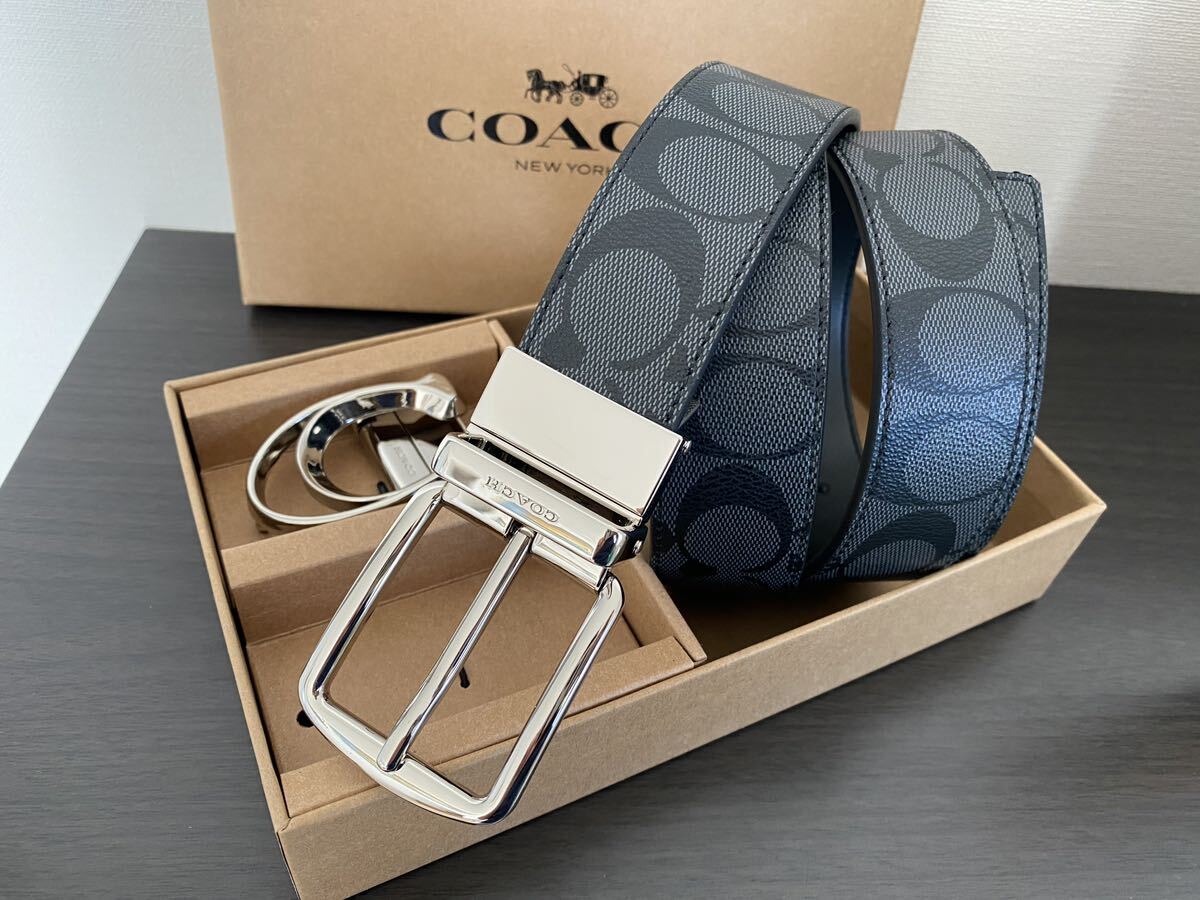 COACH コーチ 新品 リバーシブル シグネチャー シルバーバックル 回転可能 シグネチャー メンズベルトの画像3