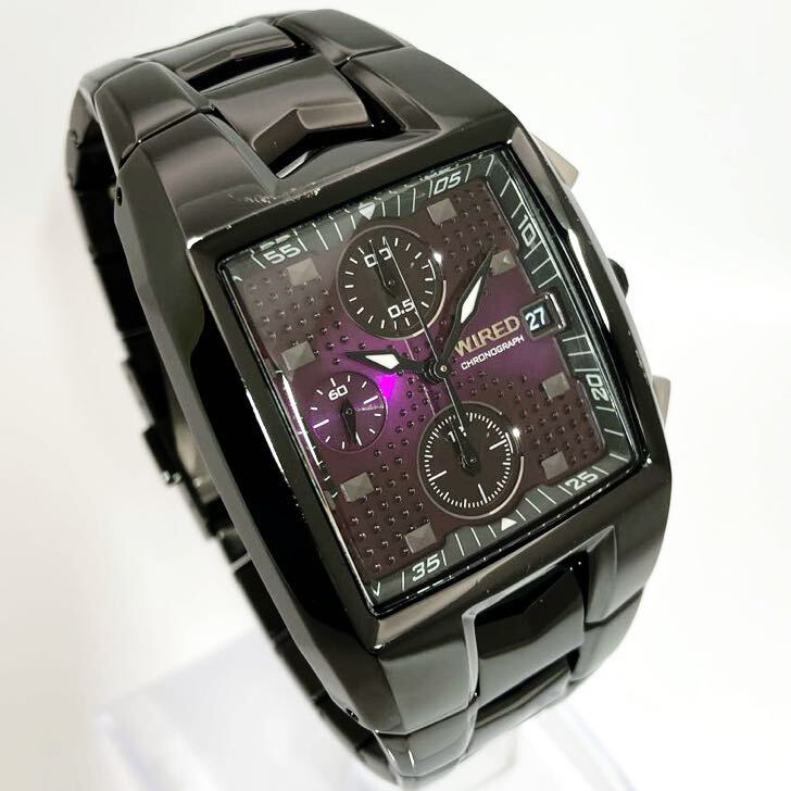 やや傷☆電池新品☆送料込☆セイコー SEIKO ワイアード WIRED 角型 クロノグラフ メンズ腕時計 パープル エックスドット7T92-0KF0 AGAV018_画像3