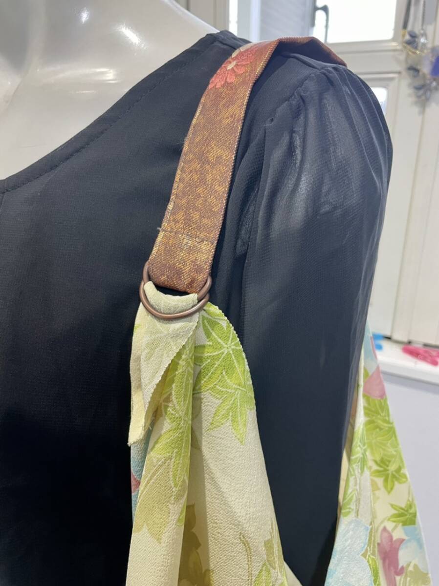 着物リメイク★エコバッグあづま袋を作りました 正絹縮緬 花紅葉 若芽若葉の画像3