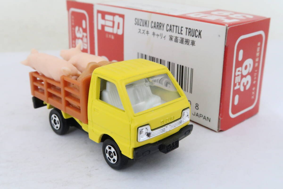 トミカ SUZUKI CARRY CATTLE TRUCK スズキ キャリィ 家畜運搬車 ブタさん付 箱付 日本製 TOMICA ヨレの画像3