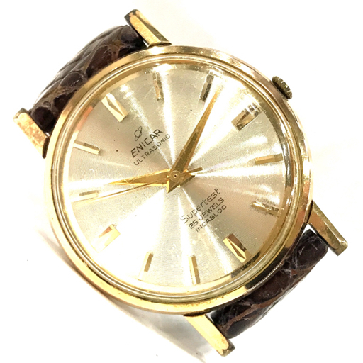 1円 エニカ 腕時計 Supertest ラウンド INCABLOC 3針 ゴールドカラー金具 25石 手巻き メンズ 社外ベルト 稼働の画像7