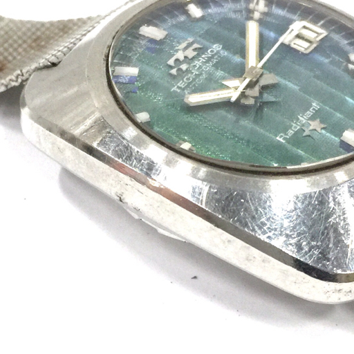 テクノス 腕時計 Radiant ラウンド デイト 青文字盤 カットガラス 自動巻き メンズ 純正ベルト ジャンク QR042-297の画像4