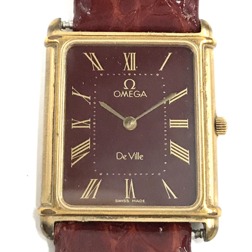 1円 オメガ 腕時計 デビル Deville スクエア 2針 ローマン 赤文字盤 ゴールドカラー金具 クォーツ メンズ OMEGAの画像2