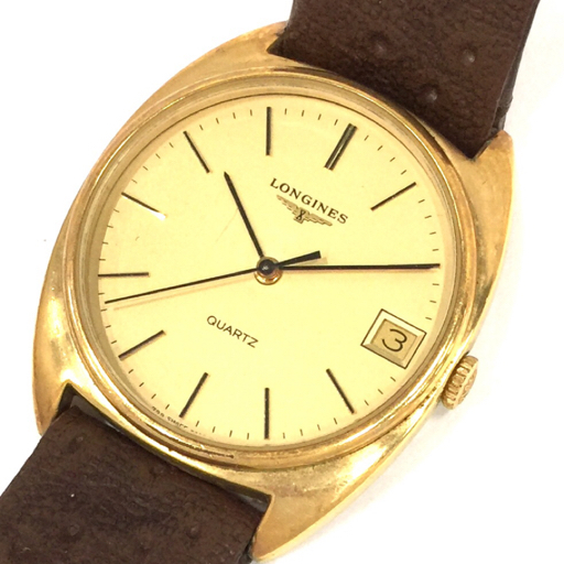ロンジン デイト クォーツ 腕時計 メンズ 社外ベルト 未稼働品 ゴールドカラー文字盤 LONGINES QR044-36の画像1