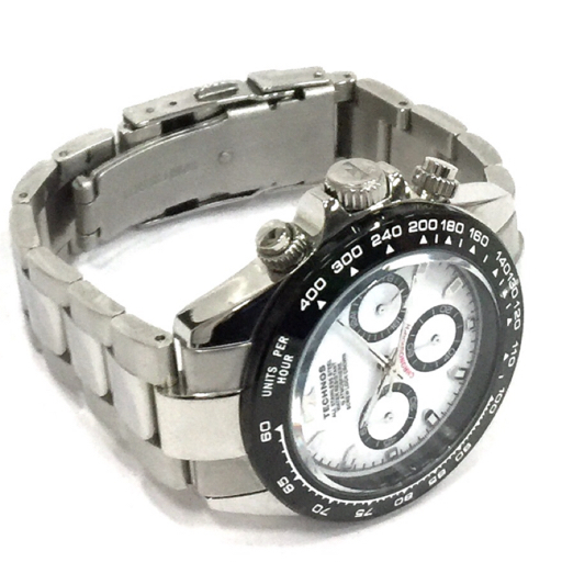 テクノス クロノグラフ クォーツ デイト 腕時計 メンズ ホワイト文字盤 未稼働品 純正ブレス TECHNOS QR044-73