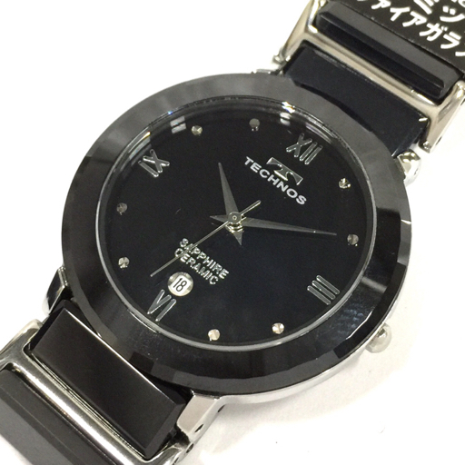 美品 テクノス セラミック デイト クォーツ 腕時計 ボーイズサイズ 黒 未稼働品 純正ブレス 付属品あり TECHNOSの画像1
