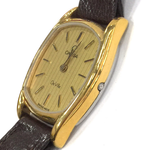 オメガ デビル 1387 プッシュ式 クォーツ 腕時計 レディース ゴールドカラー文字盤 純正ベルト 保存箱付き QR051-32の画像2