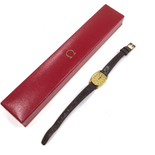 オメガ デビル 1387 プッシュ式 クォーツ 腕時計 レディース ゴールドカラー文字盤 純正ベルト 保存箱付き QR051-32の画像7