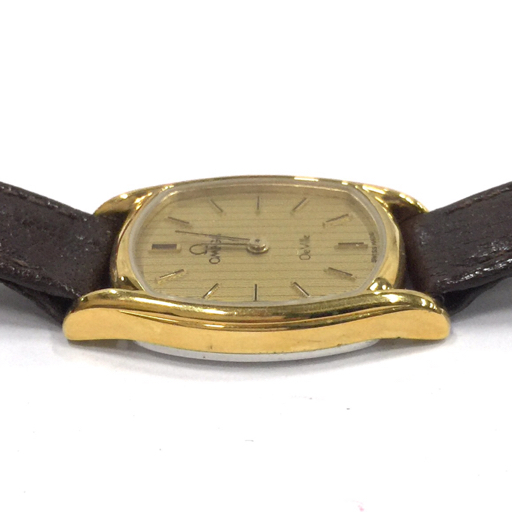 オメガ デビル 1387 プッシュ式 クォーツ 腕時計 レディース ゴールドカラー文字盤 純正ベルト 保存箱付き QR051-32の画像3