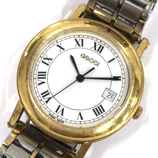 グッチ デイト クォーツ 腕時計 7200M メンズ ホワイト文字盤 稼働品 社外ブレス ファッション小物 QR051-34の画像1