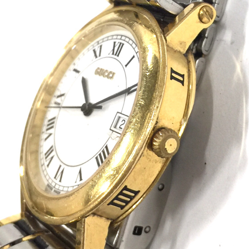 グッチ デイト クォーツ 腕時計 7200M メンズ ホワイト文字盤 稼働品 社外ブレス ファッション小物 QR051-34の画像2