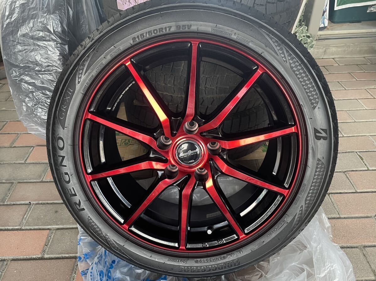 ガリ傷なし美品MANARAY MID Euro Speed メタリックREDホイール 17 X 7.0J +50 5穴 PCD114.3 215/50/17ブリヂストンタイヤレグノ19年製の画像3