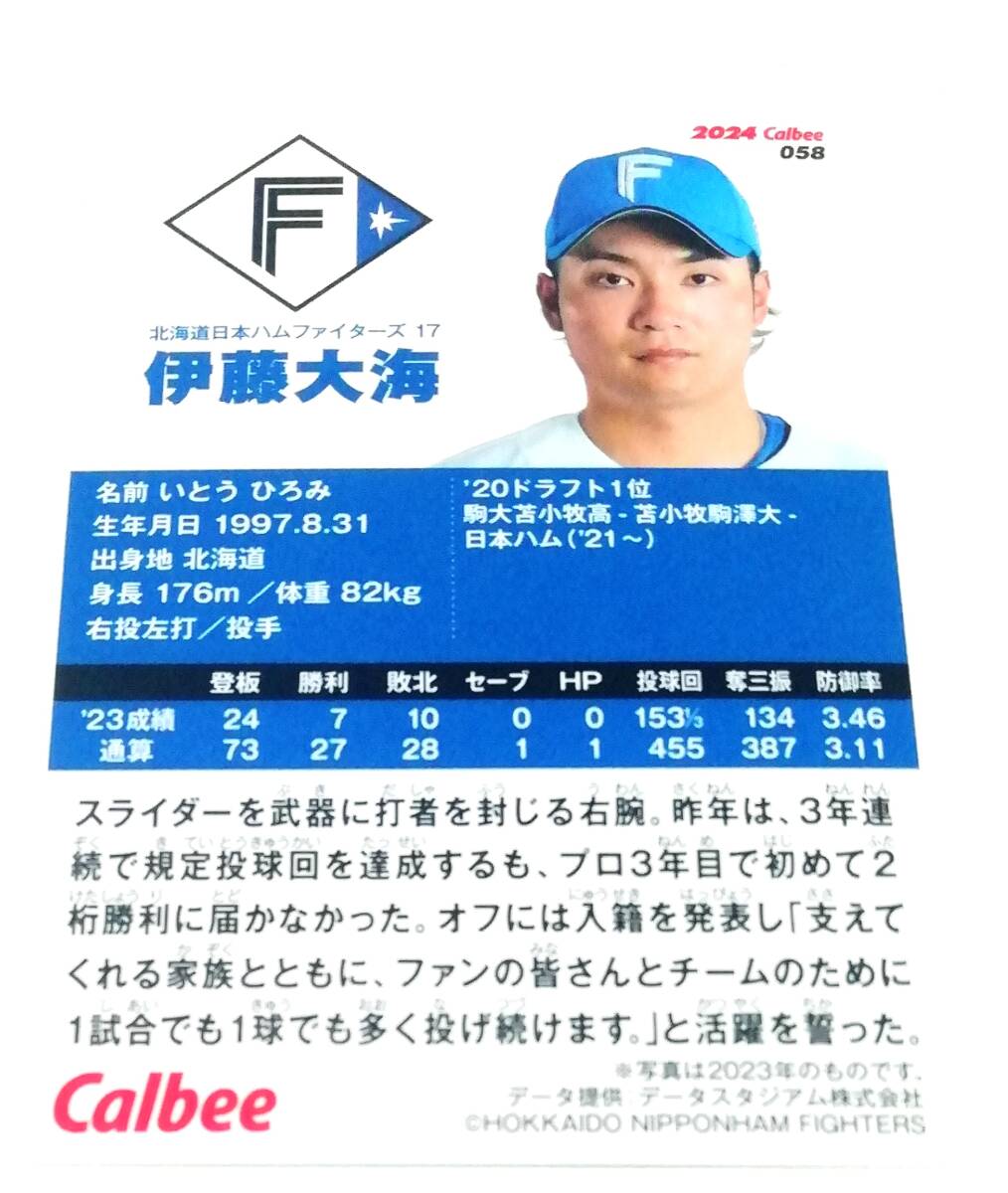 【 エラーカード 】2024　第1弾　伊藤大海　日本ハムファイターズ　レギュラーカード　【058】 ★ カルビープロ野球チップス　日ハム_画像2