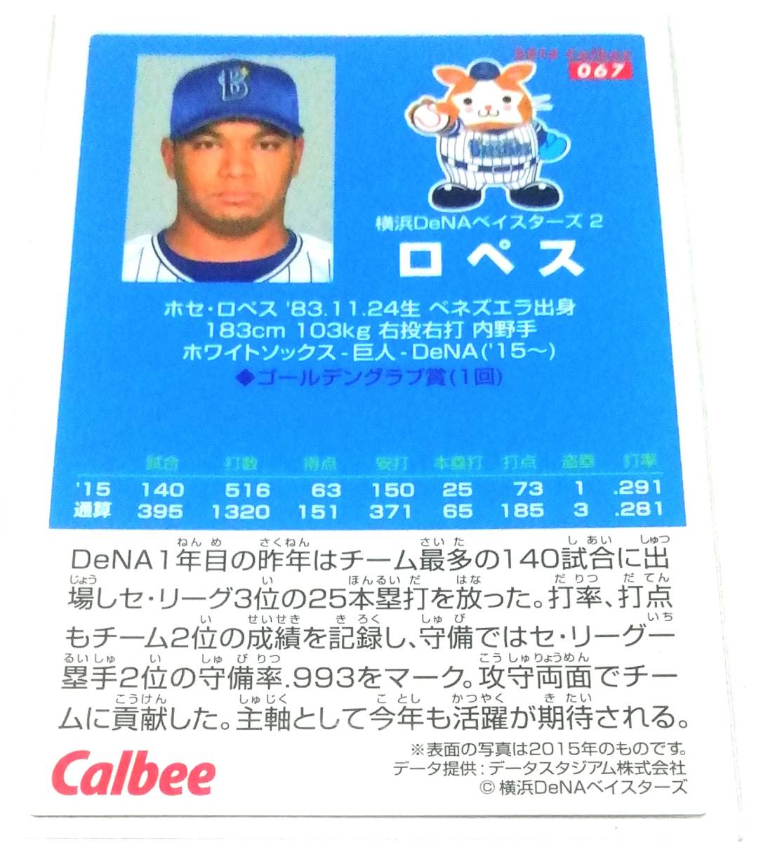 2016　第1弾　ロペス　横浜DeNAベイスターズ　レギュラーカード　【067】 ★ カルビープロ野球チップス_画像2