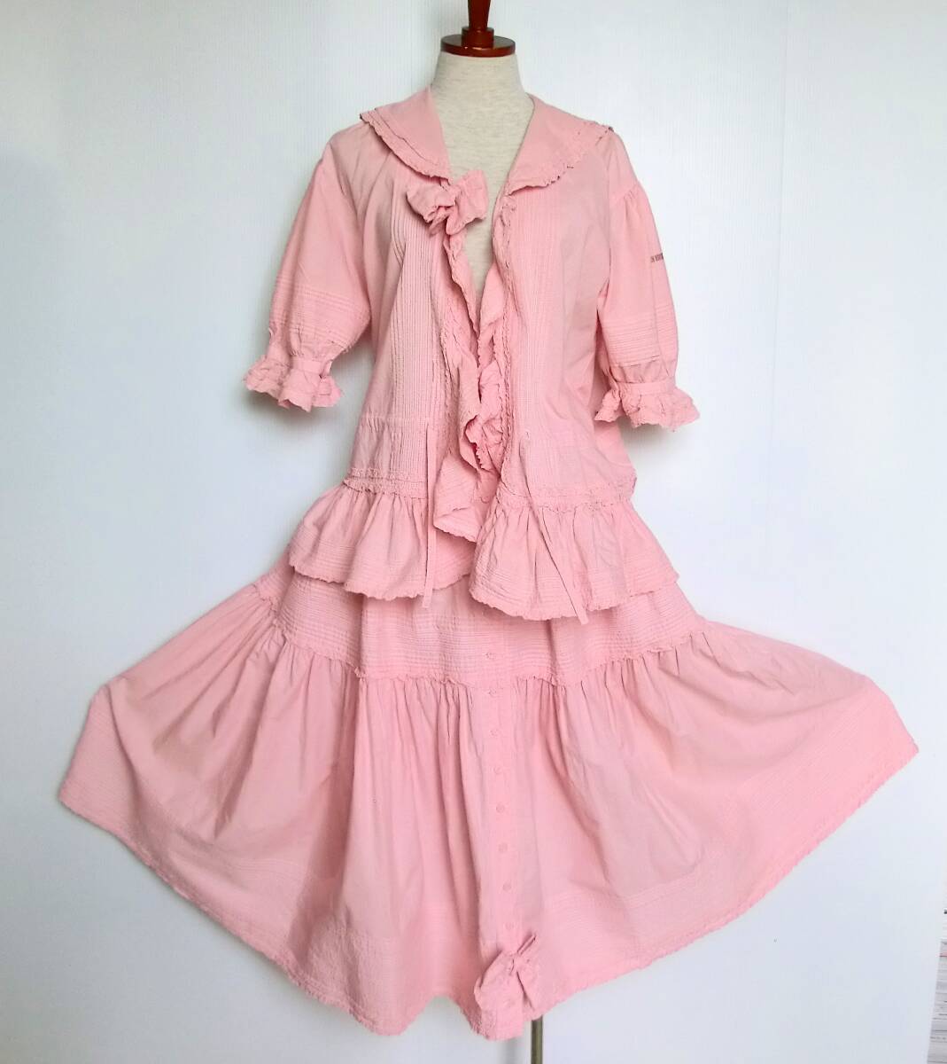 ピンクハウス PINK HOUSE ピンク ギンガムチェック×セーラーカラー×オーバーブラウス(半袖)＆スカート◆セットアップ◆USEDの画像1