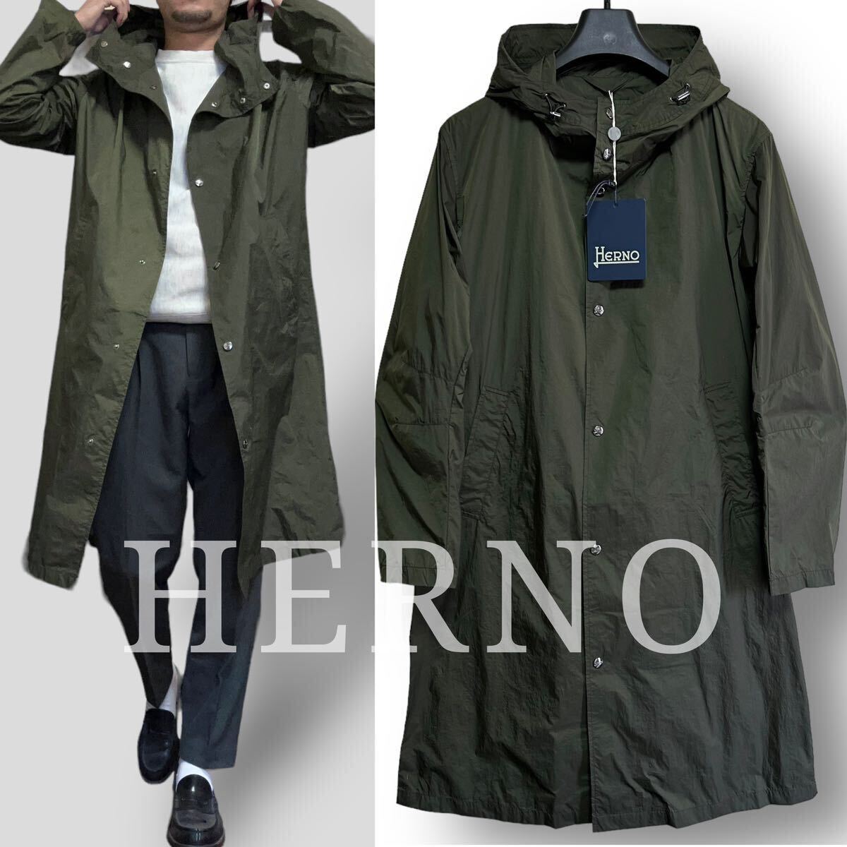 【即決OK】新品 定価12万 HERNO ヘルノ 軽量×撥水 リップストップナイロン モッズコート風 フーデットコート ライトコート 50_画像1