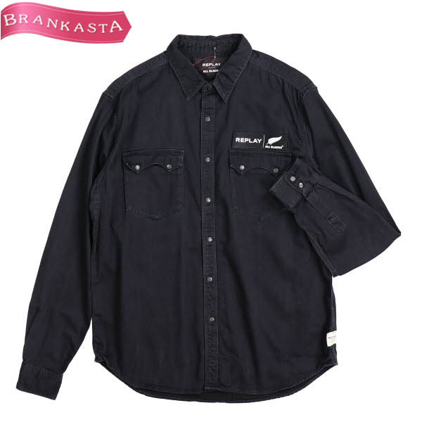 【美品】REPLAY/リプレイ メンズ 長袖 シャツ トップス ALL BLACKS オールブラックス コラボ デニム ロゴ XL 黒[NEW]★61CI45_画像1