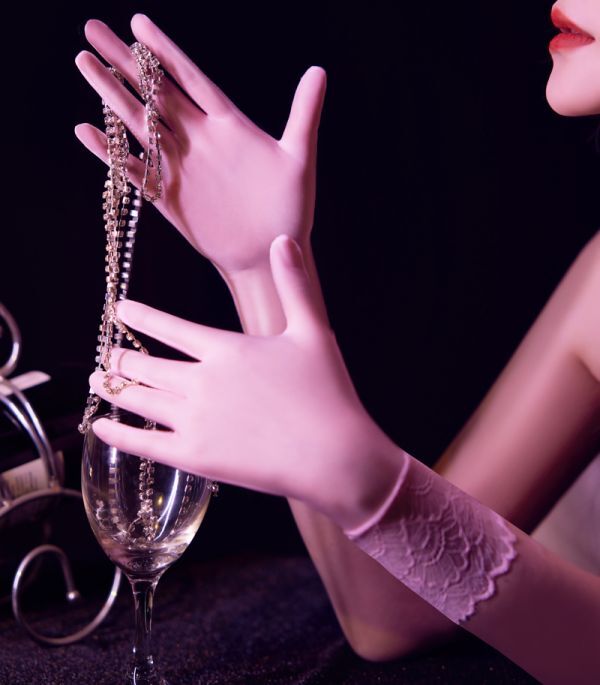新素材 超光沢 ピンク ストッキング手袋 花柄レースエッジ 薄手 指先から腕までぴったり 素材のgrove 着脱 スムーズ シースルー ロングの画像6
