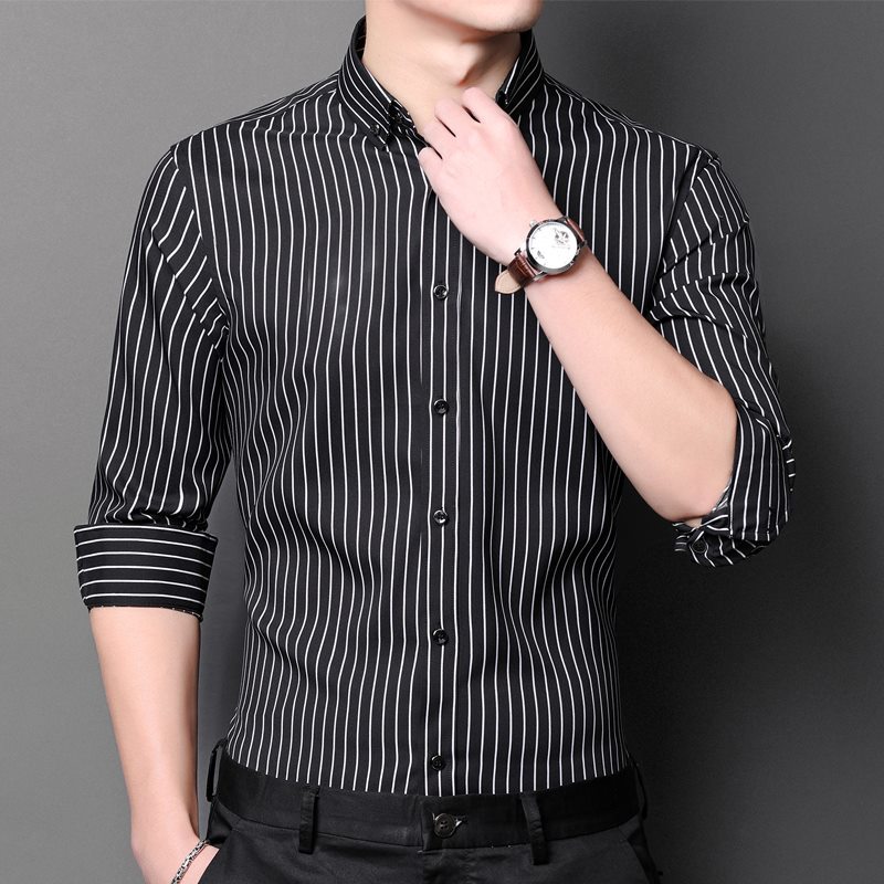 P024-L新品DCKMANY■縦縞 長袖シャツ メンズ ノーアイロン 形態安定 ビジネス ストライプ ワイシャツ シルクのような質感/ブラックの画像2