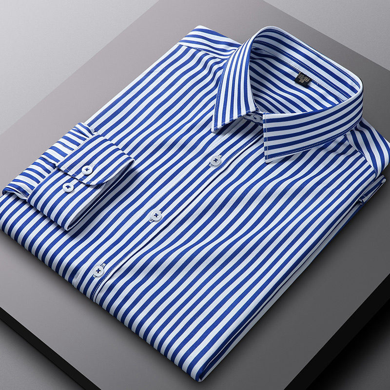 P231-M新品DCKMANY■ストライプシャツ メンズ 長袖 ワイシャツノーアイロン 形態安定 ビジネスシャツ シルクのような質感/ダークブルー_画像1