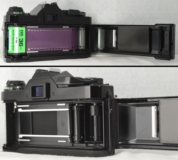 【整備/性能測定済】Canon AE-1 PROGRAM ブラック＋NFD50mmF1.8_パワーワインダーA付属_P,S,機能OK(1901169_110)_シャッター幕は普通、フィルム装填確認済み