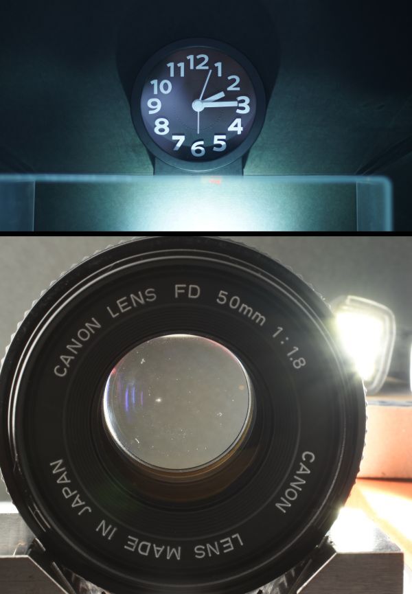 【整備/性能測定済】Canon AE-1 PROGRAM ブラック＋NFD50mmF1.8_P,S,機能OK(4222116_112)_下）逆光LEDで白点あり、上）試写OK