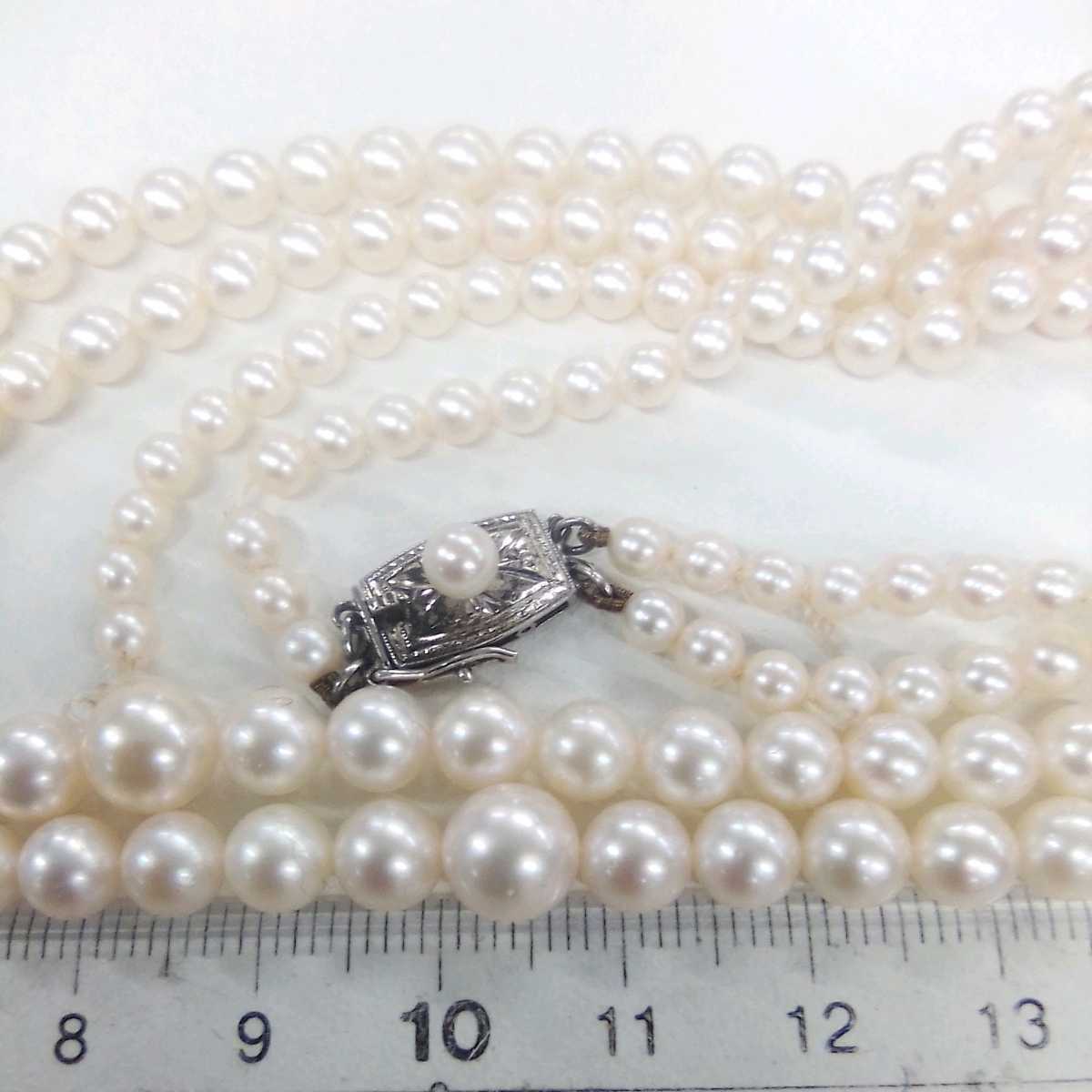 ●サ2735H◎ミキモト　MIKIMOTO　艷やか本真珠　2連切れたネックレス　3.5-7ミリ珠前後　42.5/44.5センチ　留め具ミキモトマークあり◎_画像5