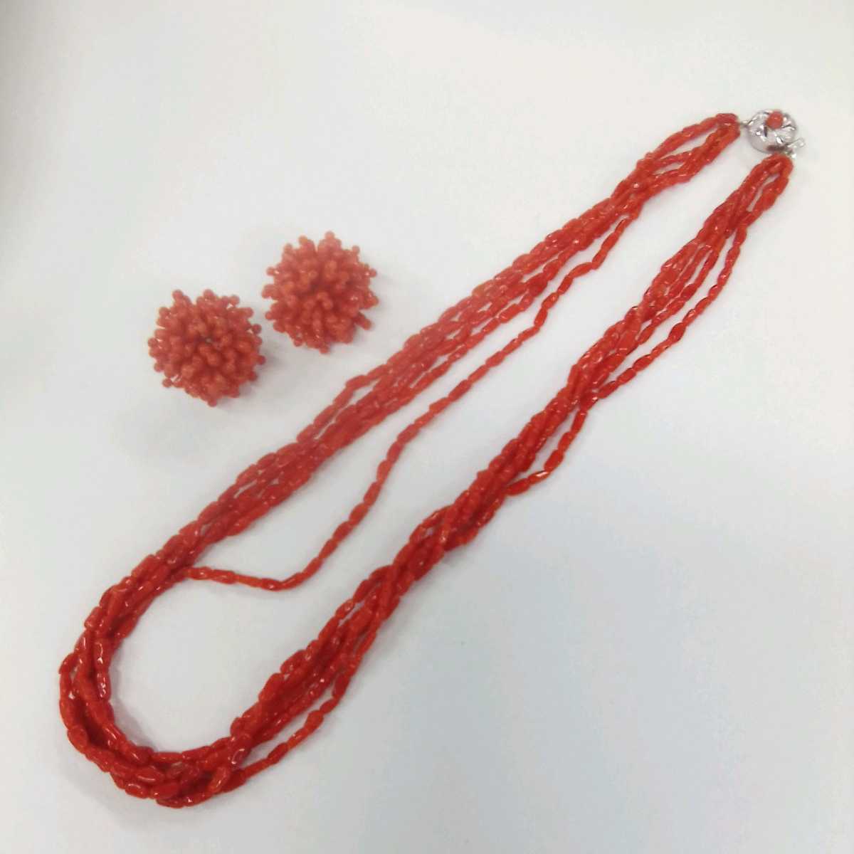 * is 3364H* coral .. red series 5 ream necklace 45 centimeter catch SILVER stamp equipped * earrings together * postage included *