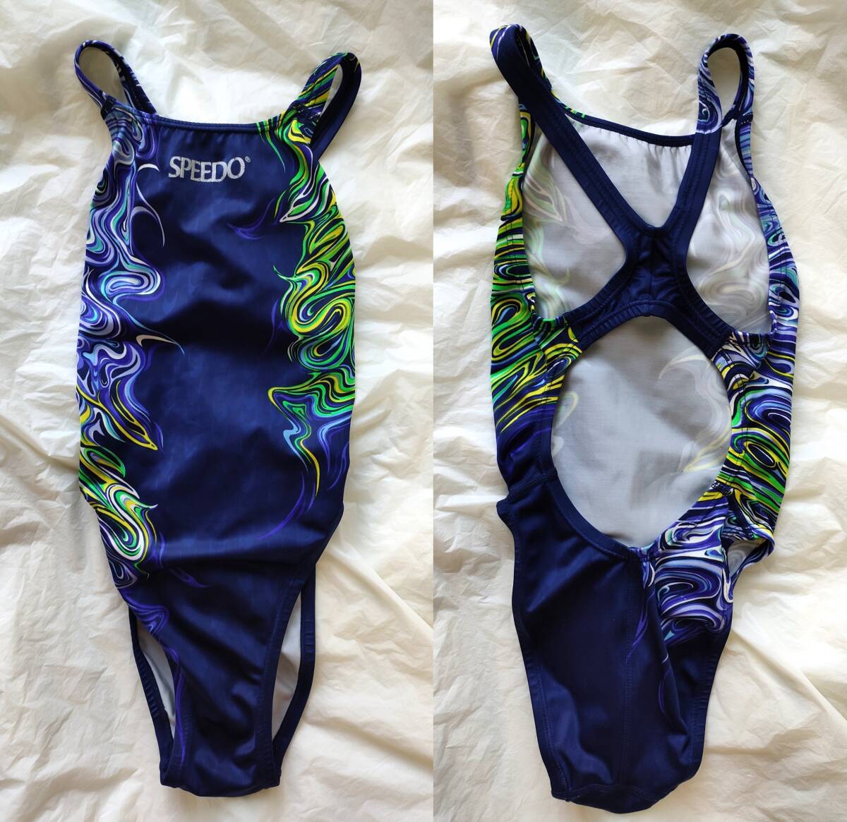 140】SPEEDO アクアブレードⅡ 競泳水着 ハイカット 紺柄黄緑紫 140】SPEEDO アクアブレードⅡ 競泳水着 ハイカット 紺柄黄緑紫
