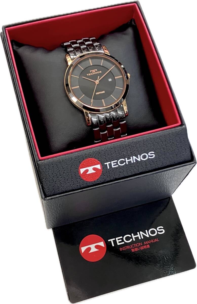 美品 TECHNOS テクノス メンズ腕時計 T9365PB セラミック ブラック/ゴールド クォーツ デイト 電池交換済 動作良好 箱付 送料520円 即決_実物のお写真です。
