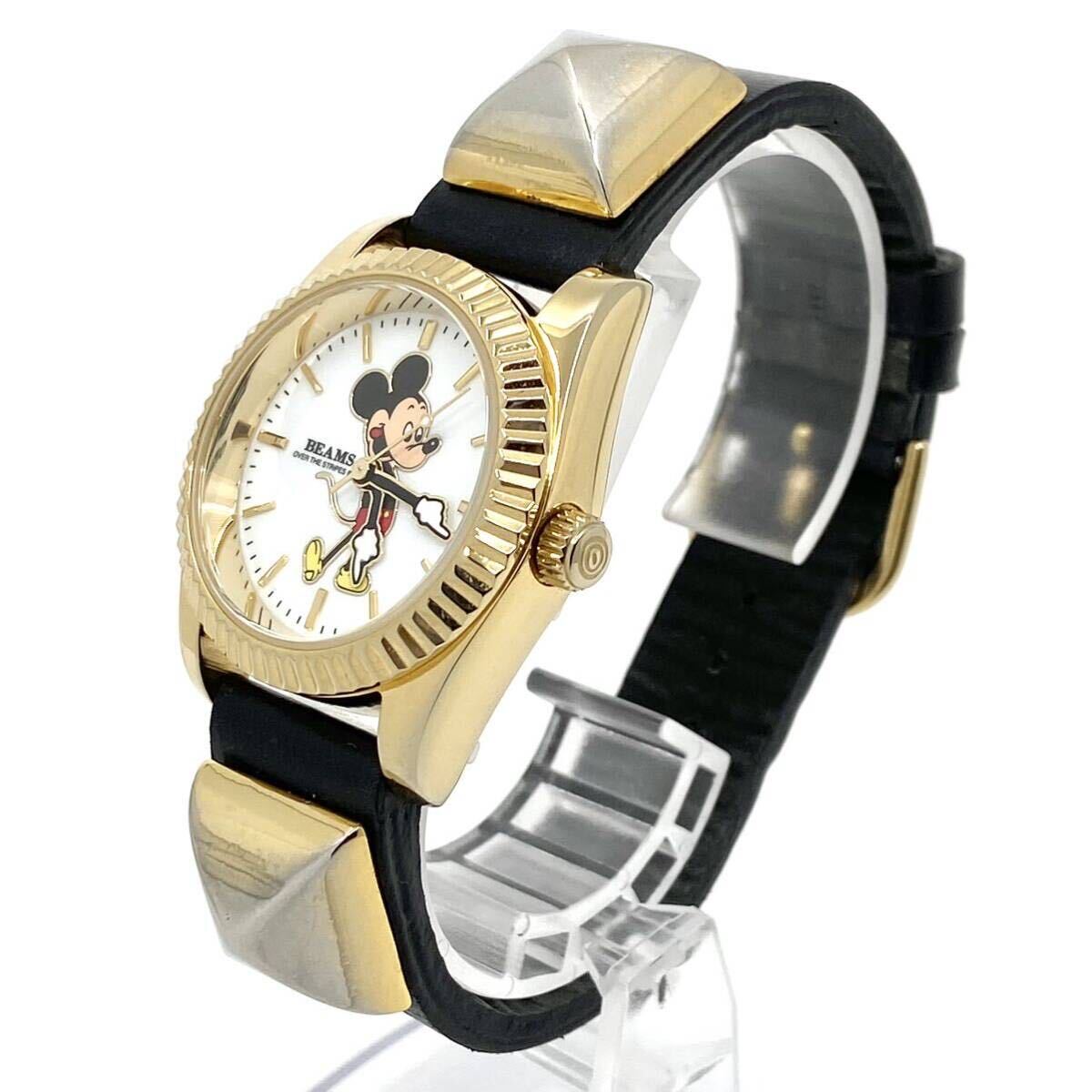 レア 箱付き Mickey Mouse Ray BEAMS OVERTHESTRiPES 腕時計 ラウンド クォーツ quartz スタッズ ゴールド 金 ミッキー ビームス Y680の画像3