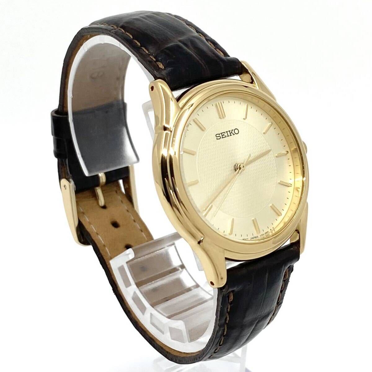 箱付き SEIKO 腕時計 V701-1920 ラウンド バーインデックス 3針 クォーツ quartz ゴールド 金 セイコー Y807