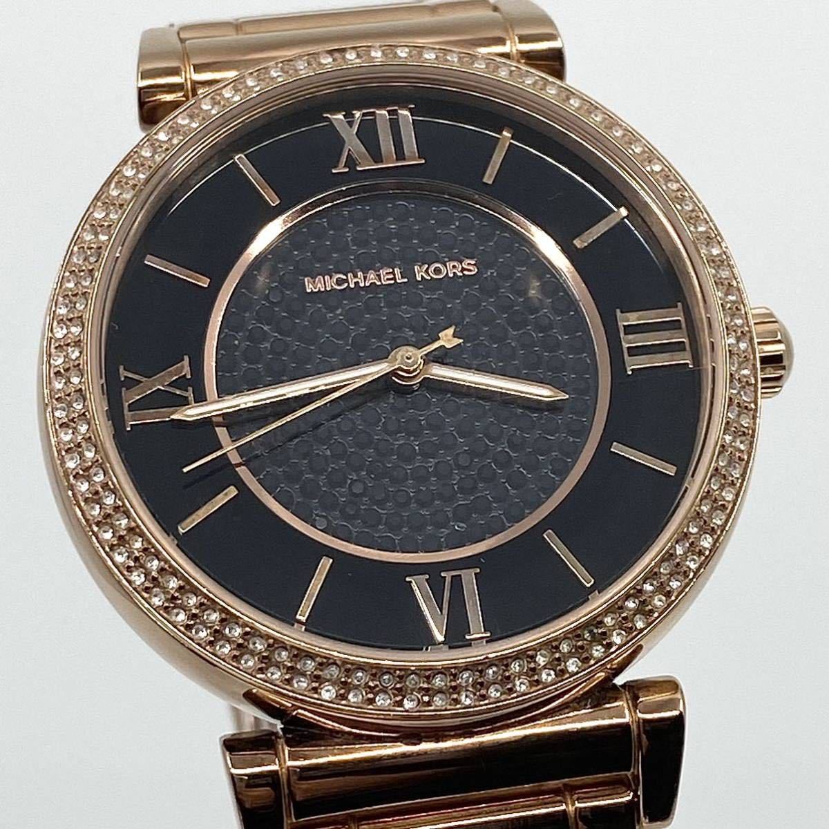 MICHAEL KORS 腕時計 ストーンベゼル ラウンド ローマン 3針 クォーツ quartz ブラックフェイス ゴールド 黒 金 マイケルコース Y443_画像4