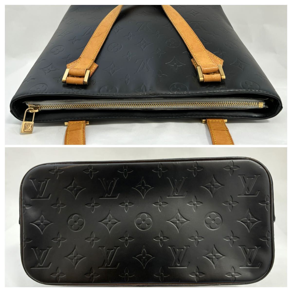 1円《美品》LOUIS VUITTON ヒューストン ハンドバッグ ヴェルニ モット モノグラム ルイヴィトン マットブラック の画像3