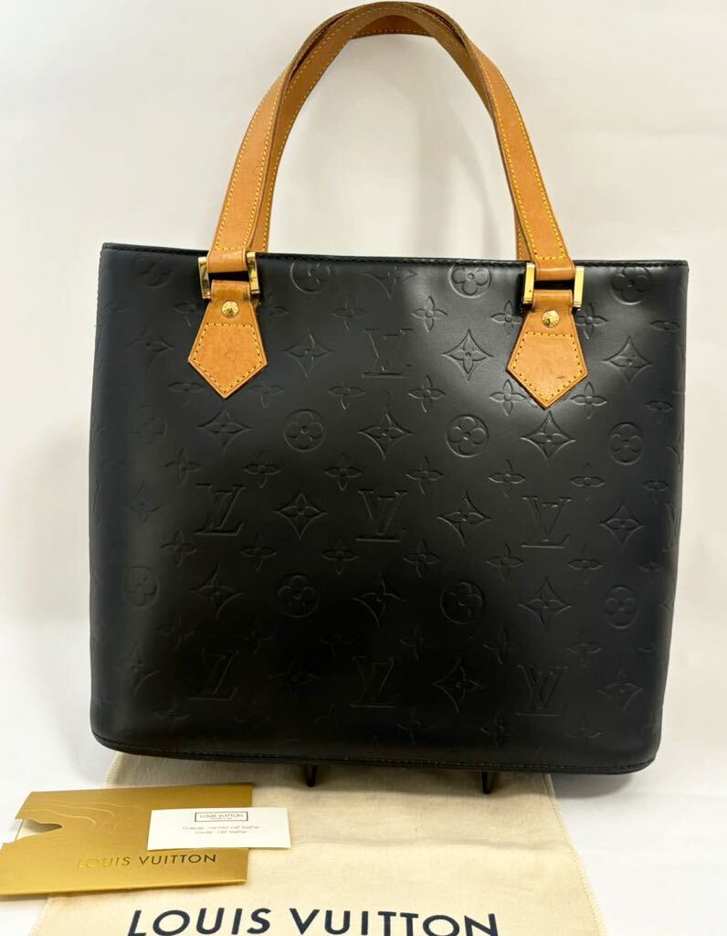 1円《美品》LOUIS VUITTON ヒューストン ハンドバッグ ヴェルニ モット モノグラム ルイヴィトン マットブラック _画像1