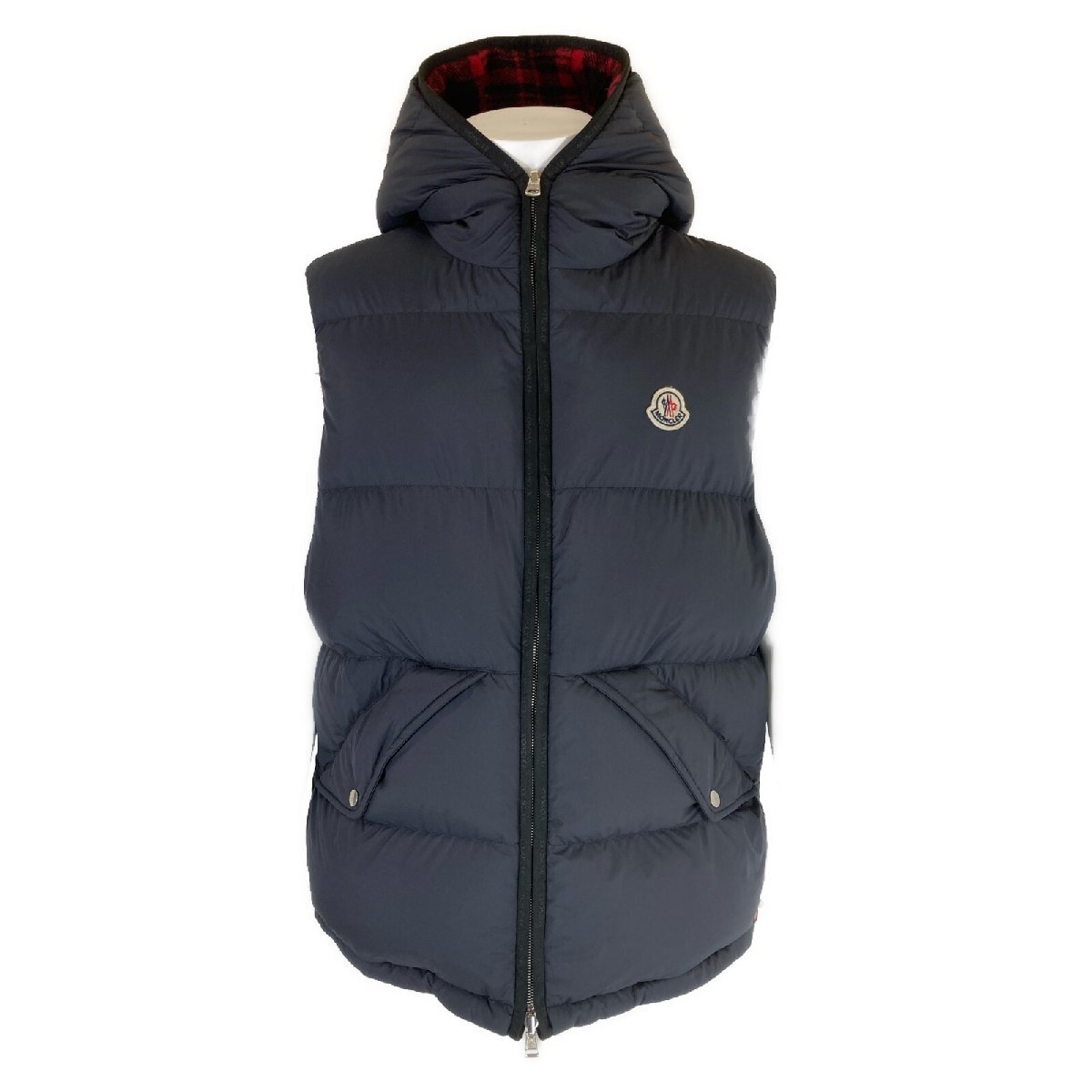 美品/国内正規 MONCLER モンクレール THOULE GILET リバーシブル フーディダウン ベスト 4 ネイビー/レッド メンズ_画像2