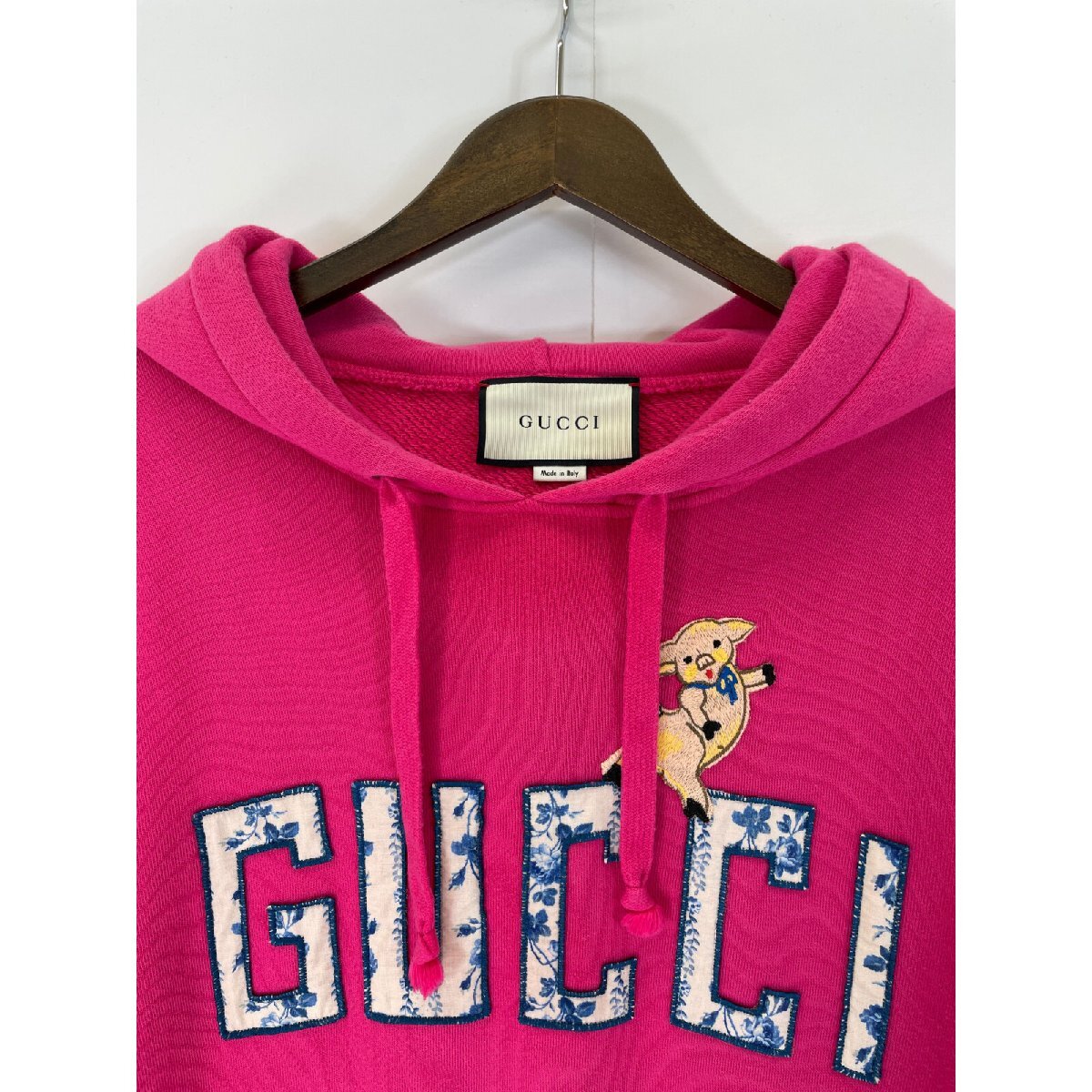 GUCCI グッチ ピンク 18AW 475374 ピグレット フーディー 子豚刺繍 プルオーバー ピンク XS トップス コットン レディース 中古_画像8