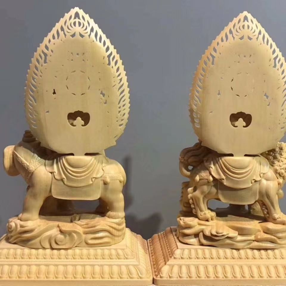 総檜材 仏教工芸品 木彫仏教 精密彫刻 極上品 仏師で仕上げ品 文殊菩薩 普賢菩薩座像の画像2